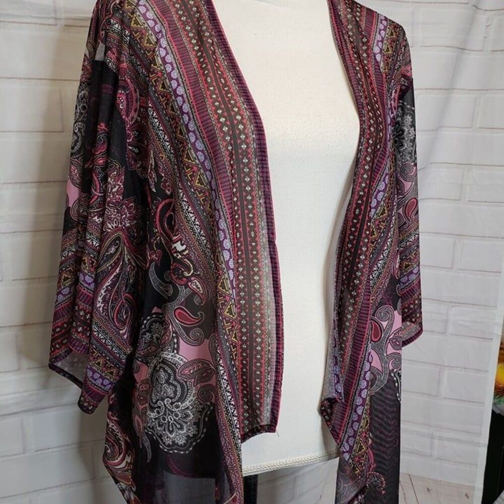 Pretty One World Purple Paisley Cardigan Kimono womens L large Overlay